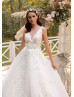 V Neck Pearls Beaded Ivory Lace Tulle Sparkly Wedding Dress